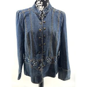 Vintage Y2K Faded Glory Jean Jacket Women Fits XL Studded Hook & Eye Blue READ